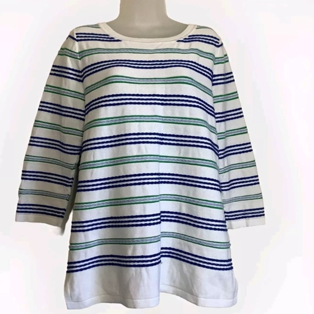 Talbots Factory Fair Isle Striped Knit Med. Pullover‎ Sweater White Blue Green